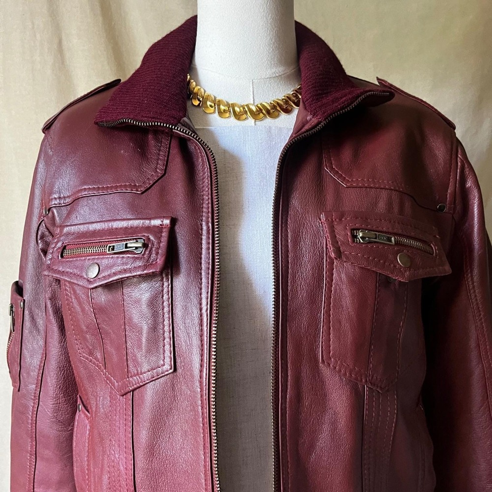 Vintage New York Burgundy Leather Bomber Jacket‎ Quilted Lining M/L USA - Picture 2 of 8
